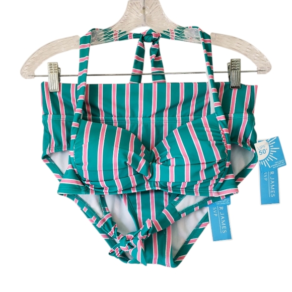 New‎ Womens Two Piece Billiard Bikini Stiped Pink Green Twist Top Size Small NWT - Picture 1 of 13